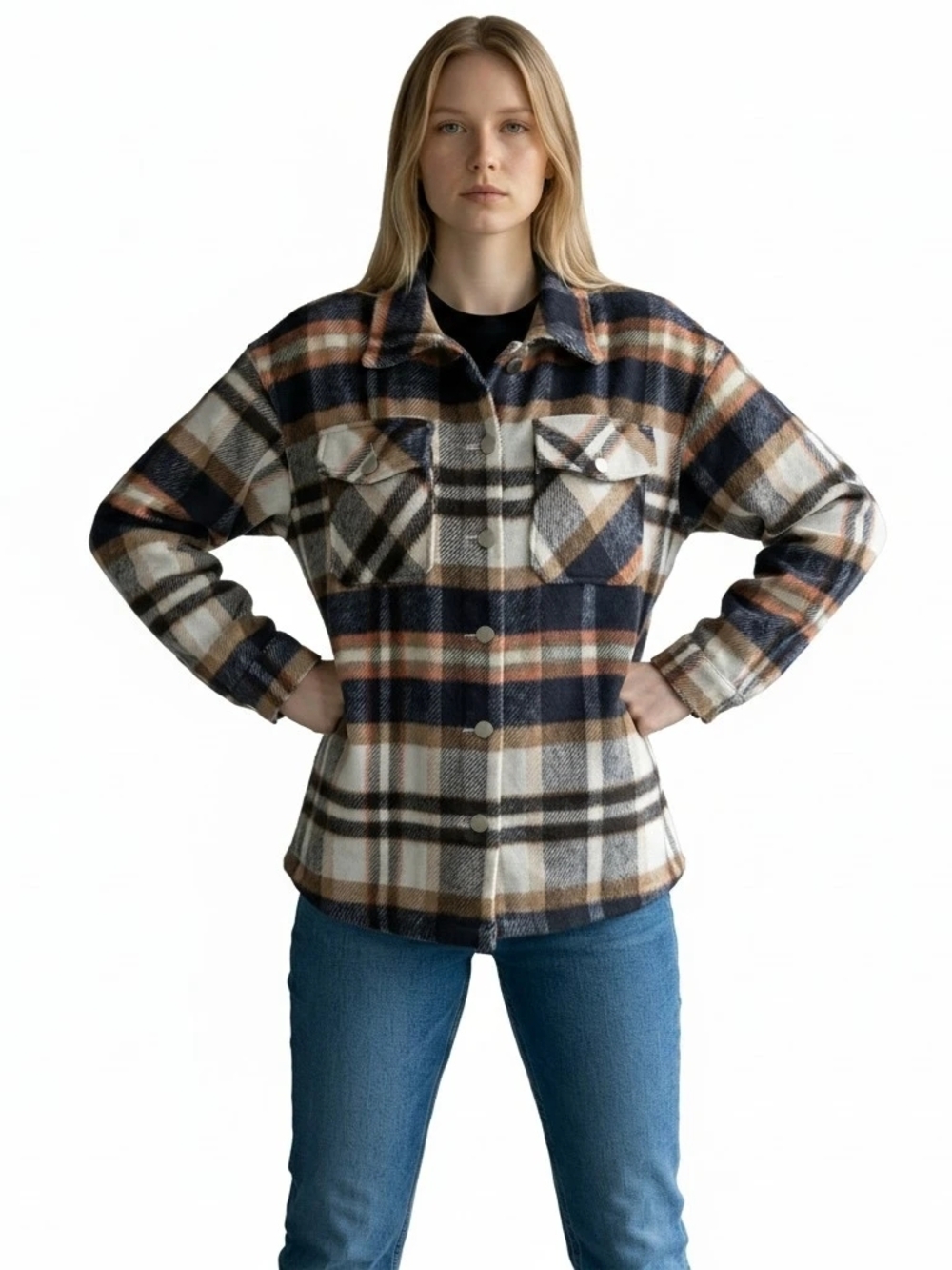 Plaid Button-Up Shacket in Navy, Beige & Rust